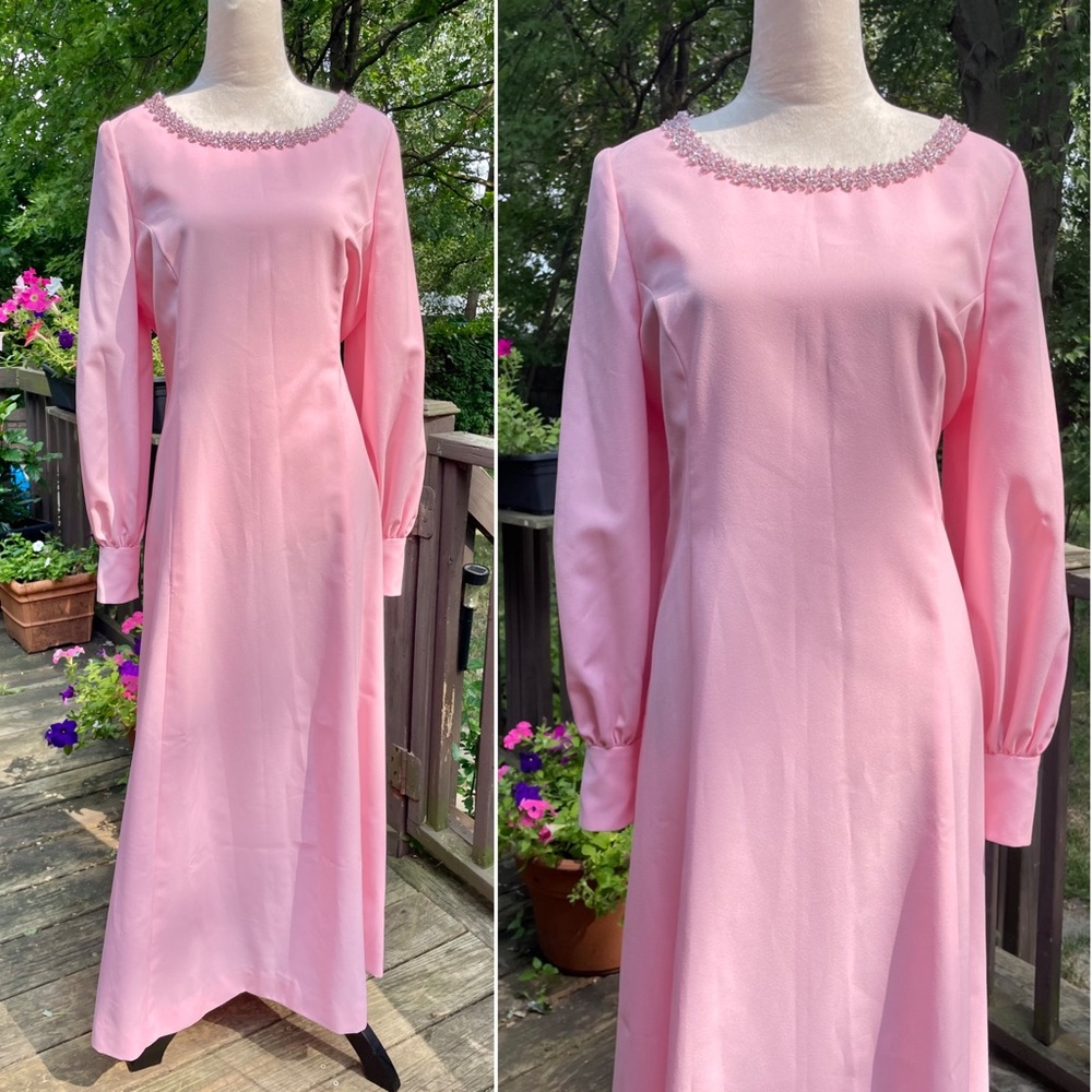 Vintage 60s 70s Handmade Silver Tinsel Pink Maxi Dress Large